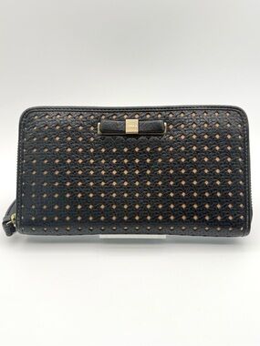 Furla Black Laser Cut Perforated Leather Zip Around Wallet Wristlet